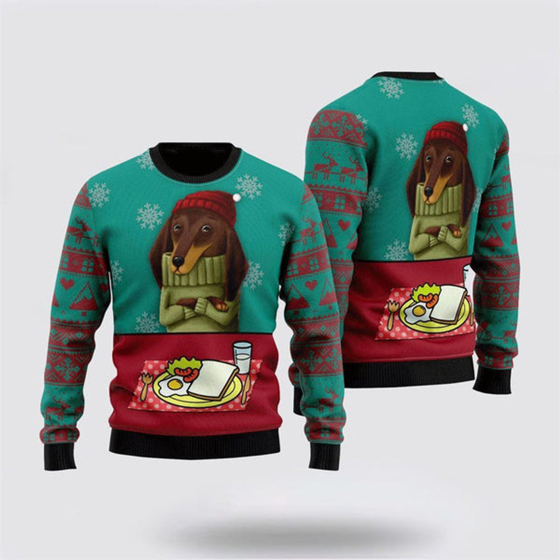 FUNSTUFFPRINT Funny Dachshund Breakfast Ugly Christmas Sweater For Men And Women, Gift For Christmas, Best Winter Christmas Outfit Ugly Sweater