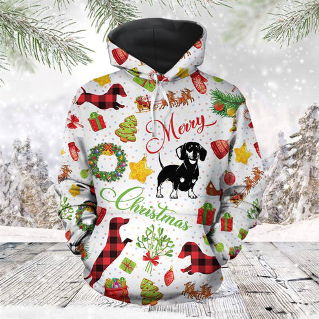 FUNSTUFFPRINT 3D Funny Dachshund Christmas All Over 3D Hoodie and Zip Hoodie
