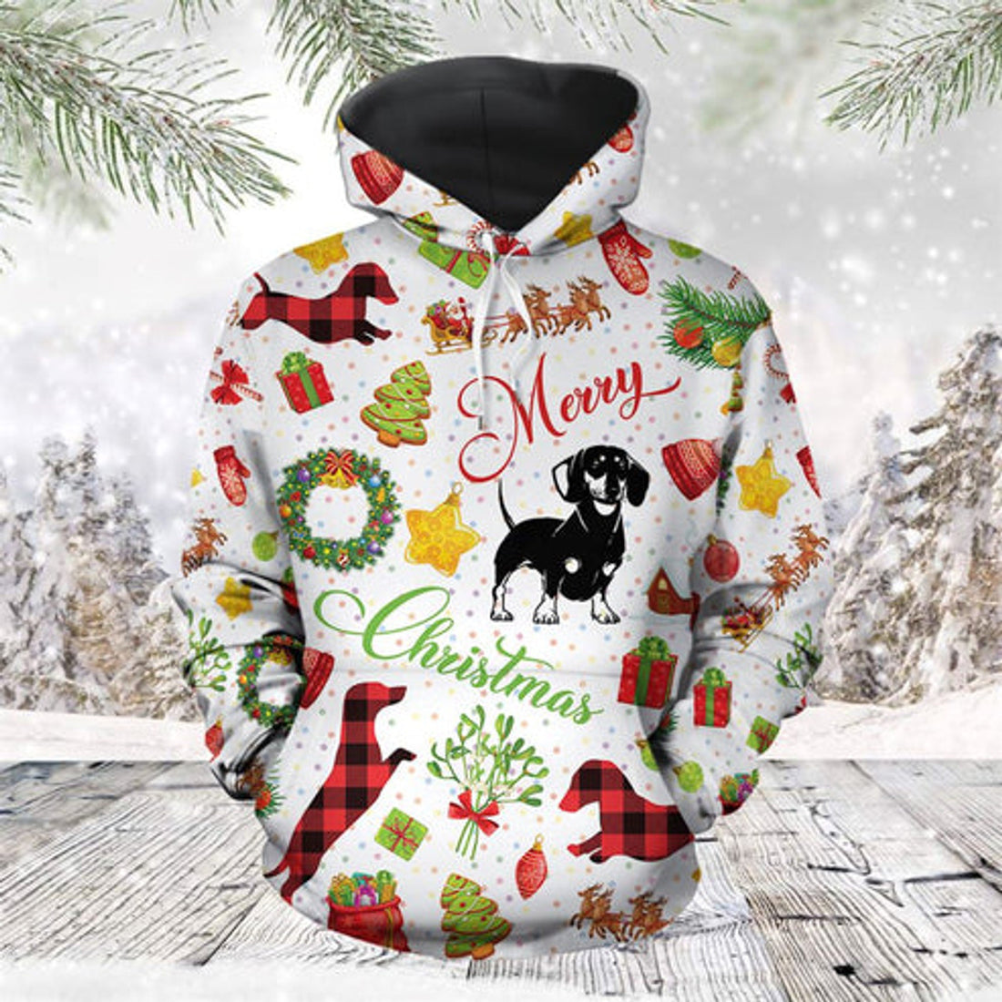 FUNSTUFFPRINT 3D Funny Dachshund Christmas All Over 3D Hoodie and Zip Hoodie
