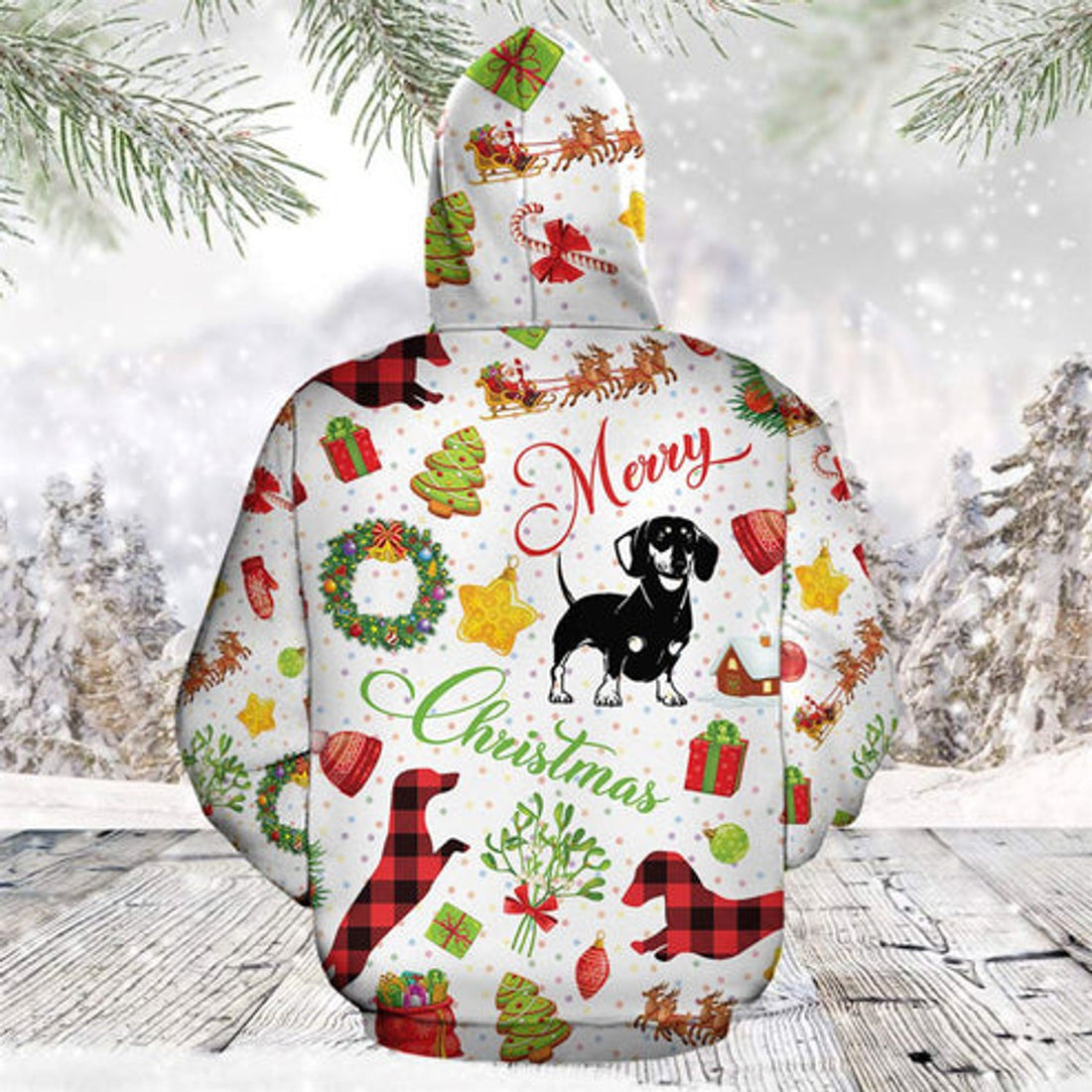 FUNSTUFFPRINT 3D Funny Dachshund Christmas All Over 3D Hoodie and Zip Hoodie