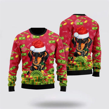 FUNSTUFFPRINT Funny Dachshund & Money Ugly Christmas Sweater For Men And Women, Gift For Christmas, Best Winter Christmas Outfit Ugly Sweater