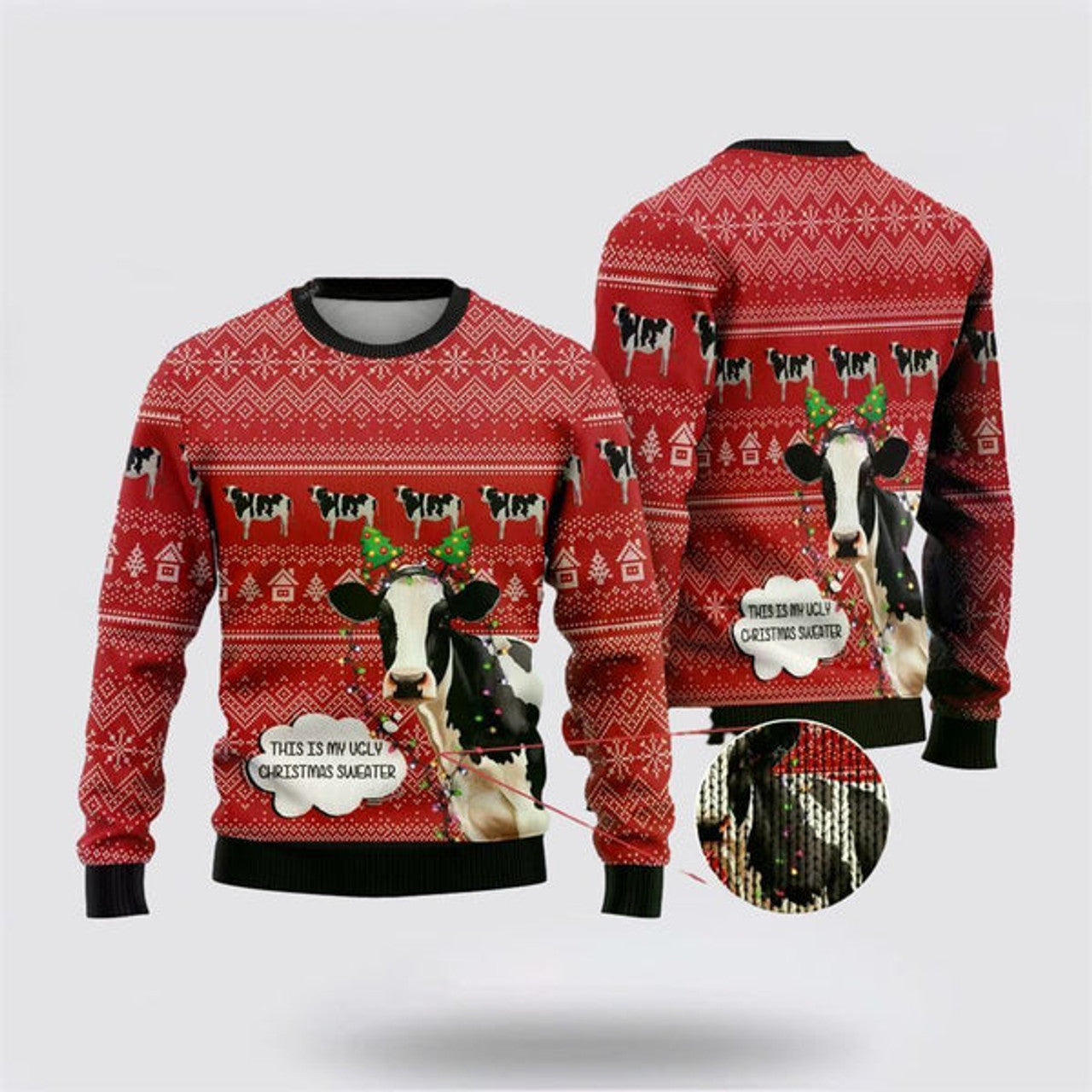 FUNSTUFFPRINT Funny Dairy Cattle Ugly Christmas Sweater, Farm Sweater, Christmas Gift, Best Winter Outfit Christmas Ugly Sweater
