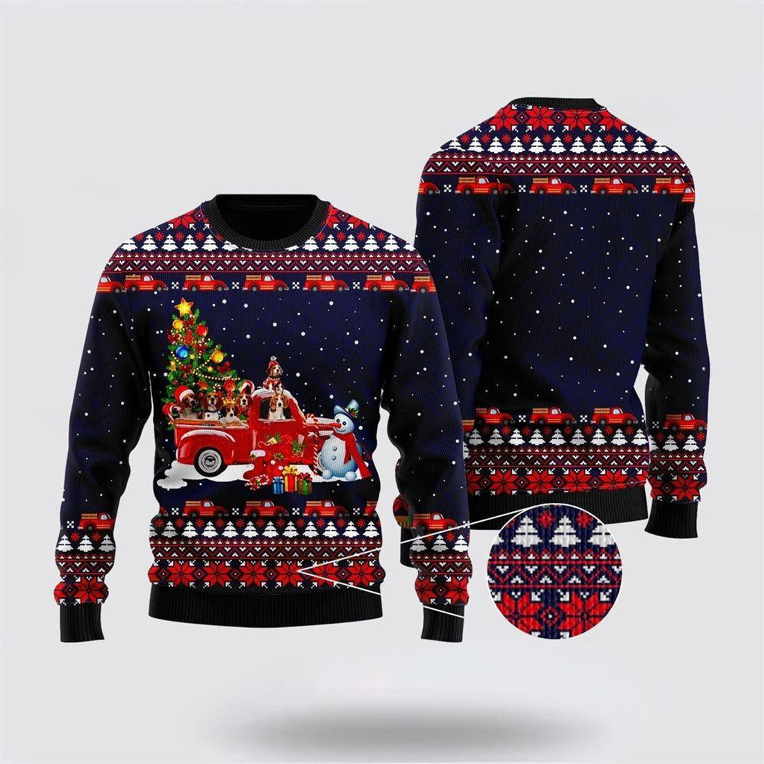 FUNSTUFFPRINT Funny Dogs With Red Truck Christmas Holiday Ugly Christmas Sweater – Dog Lover Christmas Sweater Ugly  Sweater
