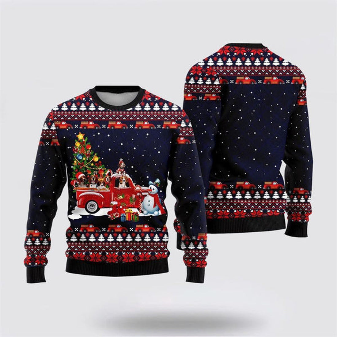 FUNSTUFFPRINT Funny Dogs With Red Truck Christmas Holiday Ugly Christmas Sweater For Men And Women, Gift For Christmas, Best Winter Christmas Outfit Ugly Sweater