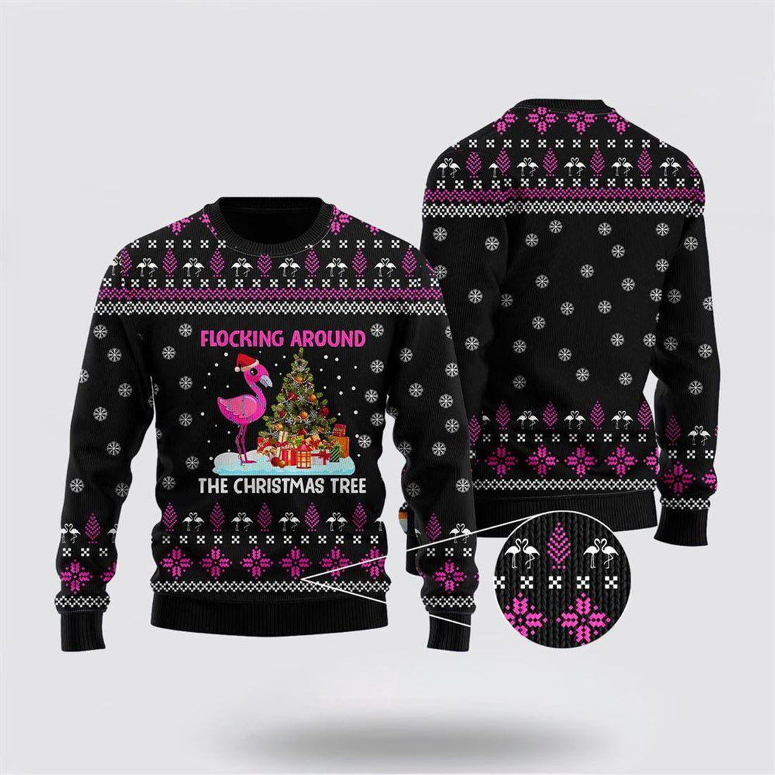 FUNSTUFFPRINT Funny Flamingo Flocking Around The Christmas Tree Ugly Christmas Sweater – Sweater Gifts For Pet Lover Ugly  Sweater
