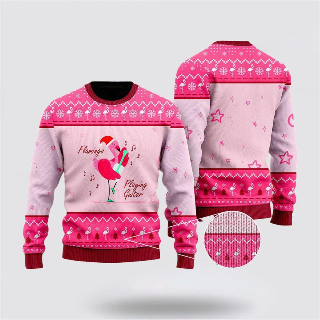 FUNSTUFFPRINT Funny Flamingo Playing Guitar Christmas Ugly Christmas Sweater – Christmas Gifts For Frends Ugly  Sweater