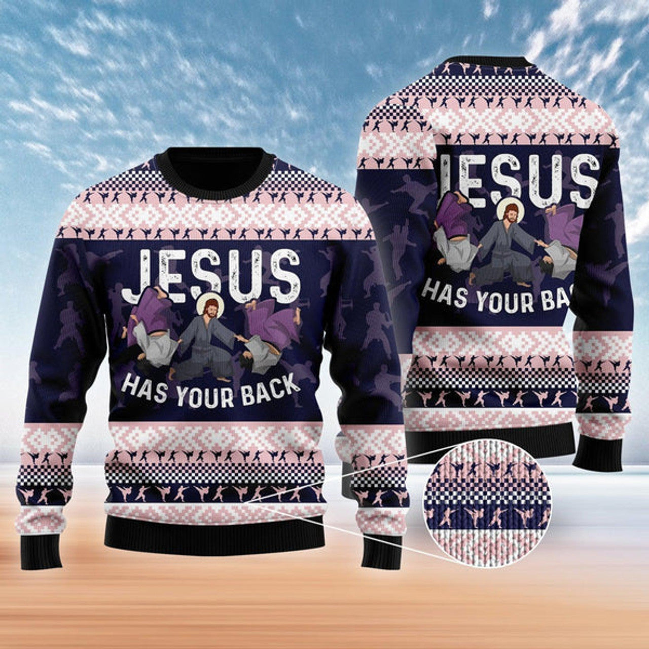 FUNSTUFFPRINT Funny Jesus Has Your Back Jiu Jitsu Ugly Christmas Sweater For Men & Women - Best Gift For Christian Ugly  Sweater