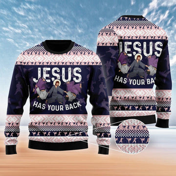 FUNSTUFFPRINT Funny Jesus Has Your Back Jiu Jitsu Ugly Christmas Sweater For Men & Women - Best Gift For Christian Ugly  Sweater
