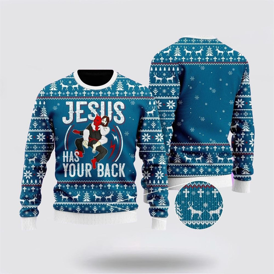 FUNSTUFFPRINT Funny Jesus Has Your Back Jiu Jitsu Ugly Christmas Sweater For Men & Women – Gifts For Christians Ugly  Sweater