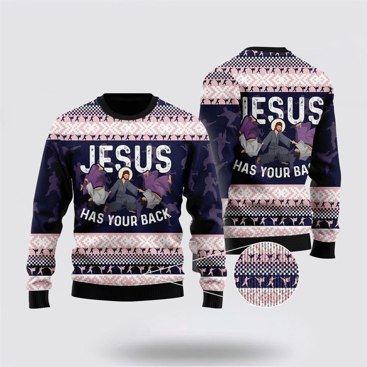 FUNSTUFFPRINT Funny Jesus Has Your Back Jiu Jitsu Ugly Christmas Sweater For Men & Women – Gifts For People Who Love Jesus Ugly  Sweater