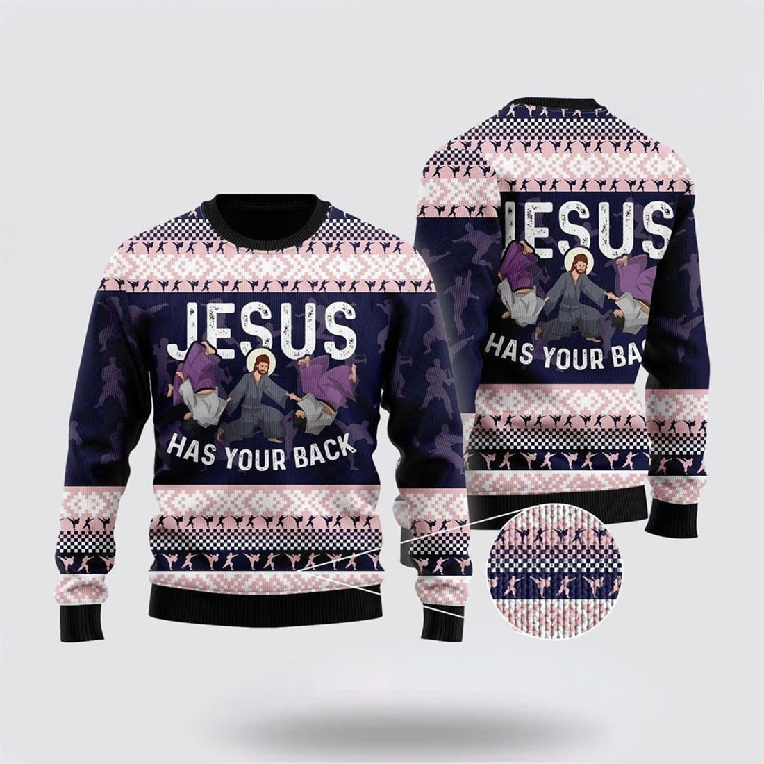 FUNSTUFFPRINT Funny Jesus Has Your Back Jiu Jitsu Ugly Christmas Sweater For Men & Women – Gifts For People Who Love Jesus Ugly  Sweater