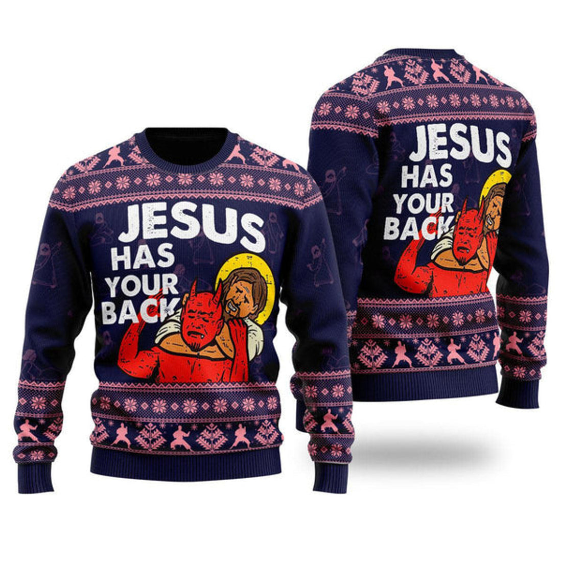 FUNSTUFFPRINT Funny Jesus Has Your Back Ugly Christmas Sweater For Men & Women - Best Gift For Christian - Christian Shirt Ugly Sweater
