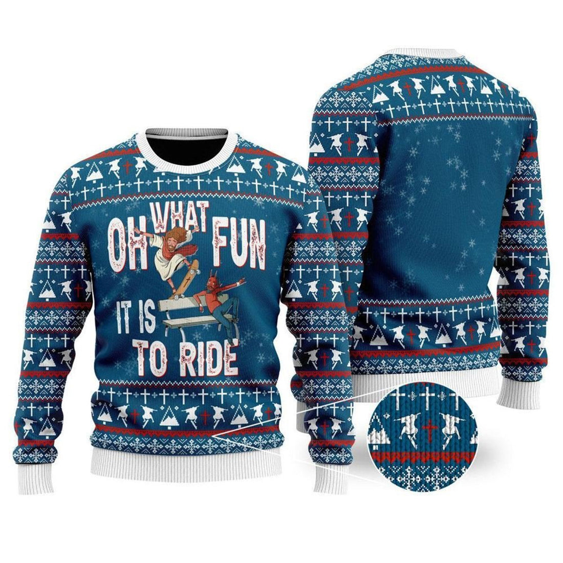 FUNSTUFFPRINT Funny Jesus Ride Skateboarding With Satan Ugly Christmas Sweater For Men & Women – Gifts For Christians Ugly  Sweater
