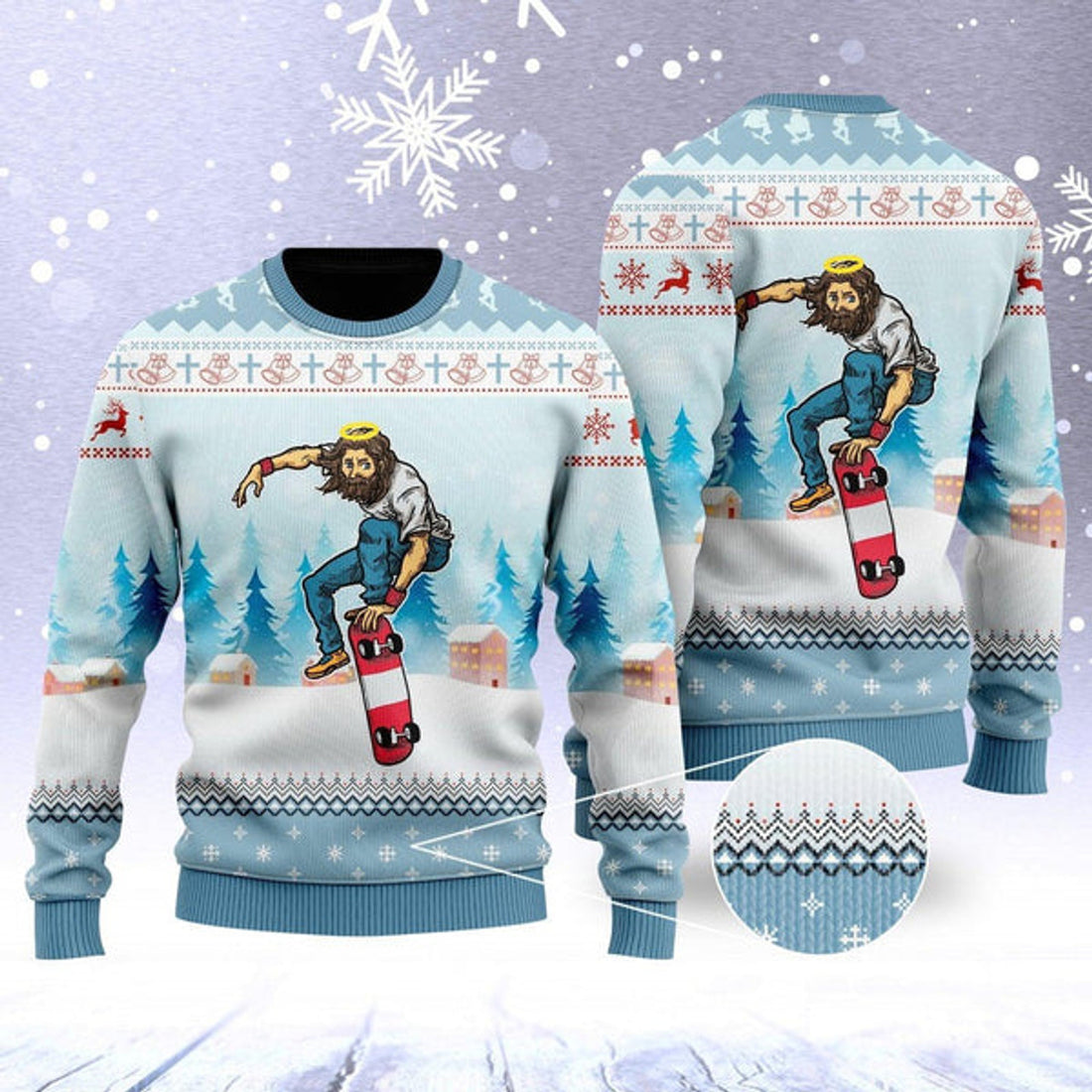 FUNSTUFFPRINT Funny Jesus Skateboarding Christmas Ugly Christmas Sweater For Men & Women Adult - Christian Shirts Gifts Idea Ugly  Sweater