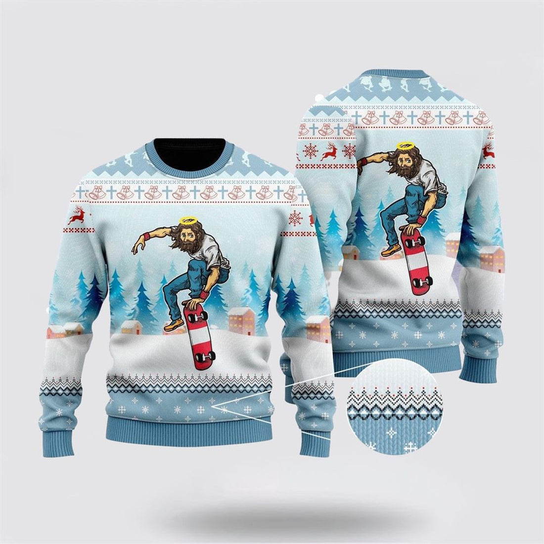 FUNSTUFFPRINT Funny Jesus Skateboarding Christmas Ugly Christmas Sweater For Men & Women Adult – Gifts For Christians Ugly  Sweater