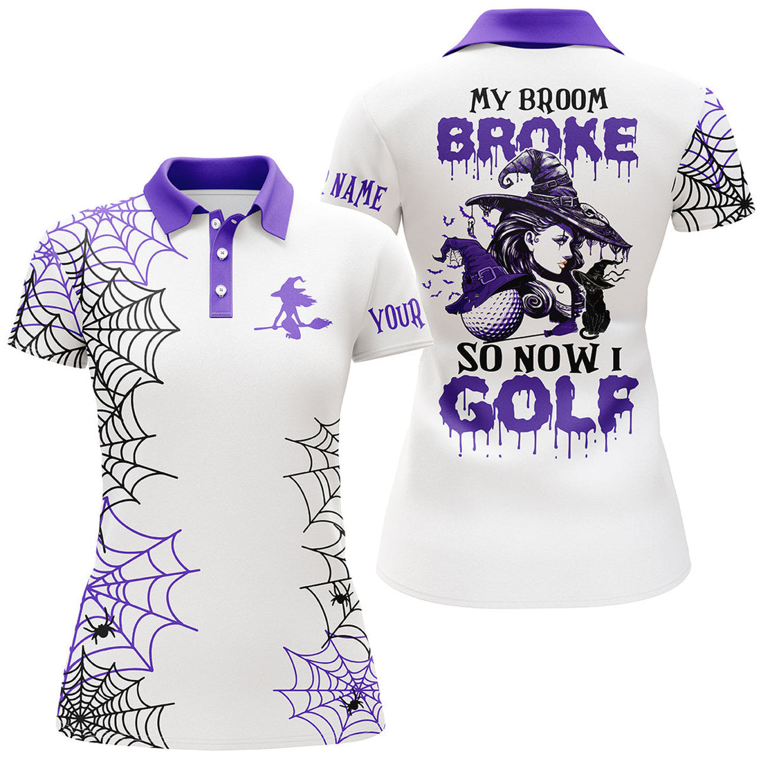 Custom Funny Orange Halloween Golf Shirt Custom Name Women Golf Polo Shirt - My Broom Broke So Now I Golf