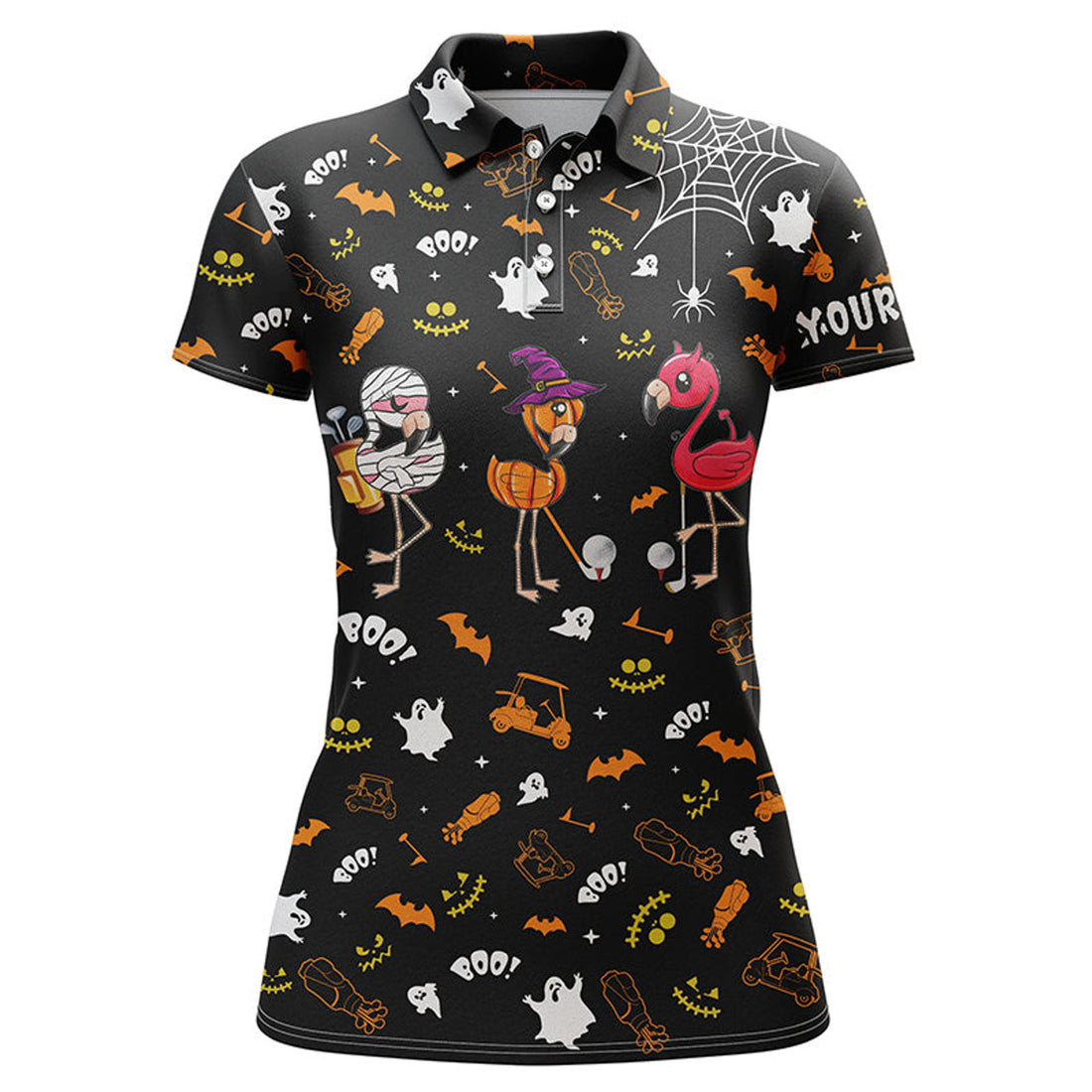 Custom Funny Women Golf Polo Shirt Orange Black Halloween Background Custom Name Flamingo Golf Friends