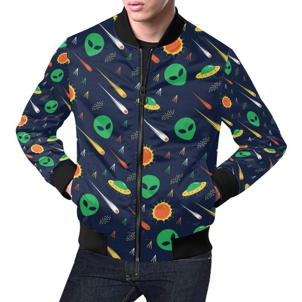 FUNSTUFFPRINT Galaxy Comet Alien Ufo Pattern Print Mens 3D Bomber Jacket