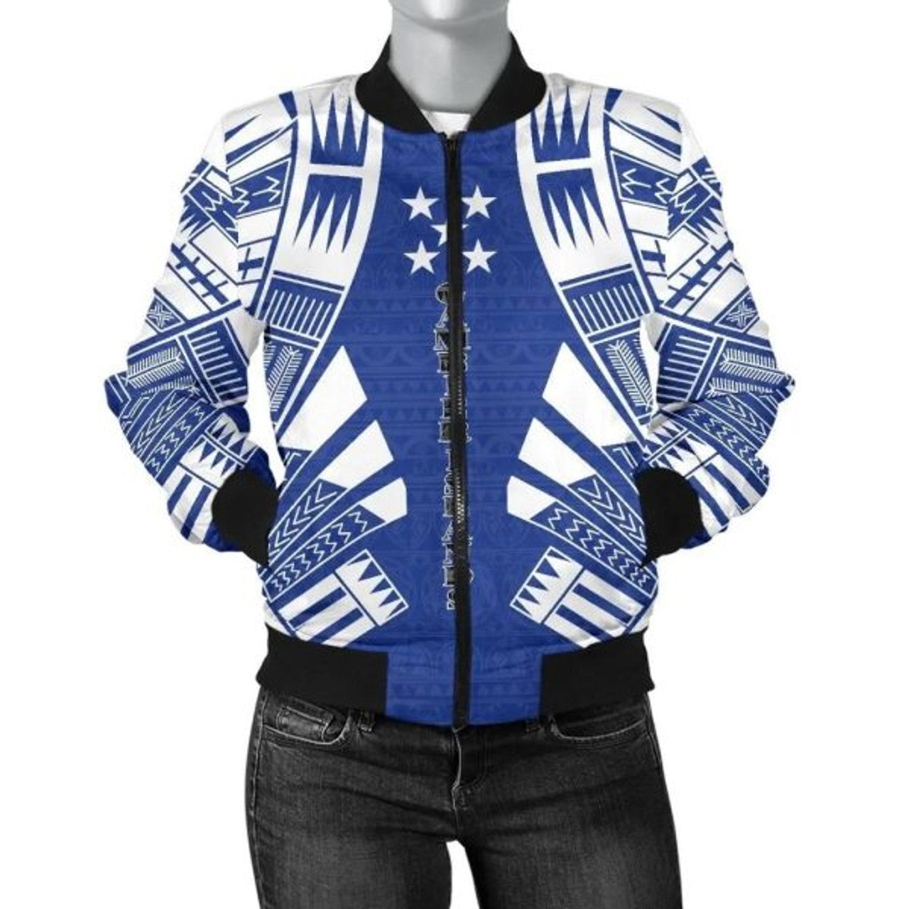 FUNSTUFFPRINT Gambier Islands Women Bomber Jacket - Polynesian Tattoo Flag - 10 Bomber Jacket