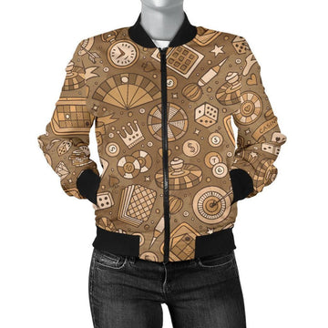 FUNSTUFFPRINT Gambling Poker Pattern Print Women Casual 3D Bomber Jacket