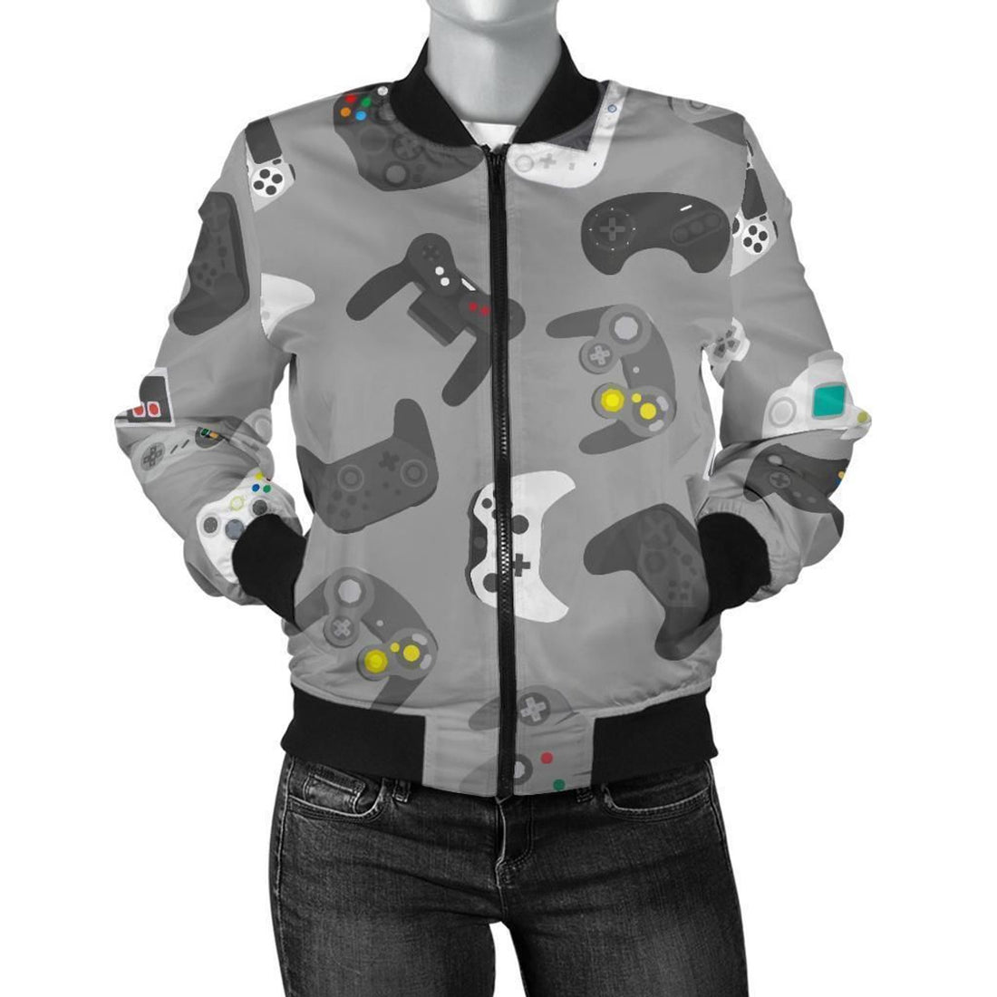 FUNSTUFFPRINT Gaming Joystick Print Pattern Women Casual 3D Bomber Jacket