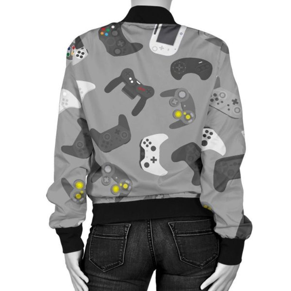 FUNSTUFFPRINT Gaming Joystick Print Pattern Women Casual Bomber Jacket