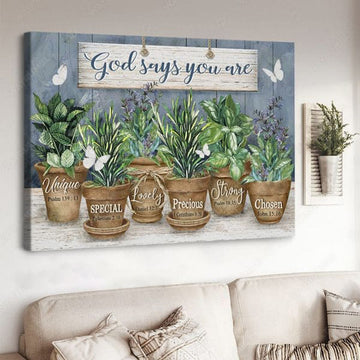 Garden Poster, God Says You Are Unique Special Lovely Precious Strong Chosen Poster and Canvas