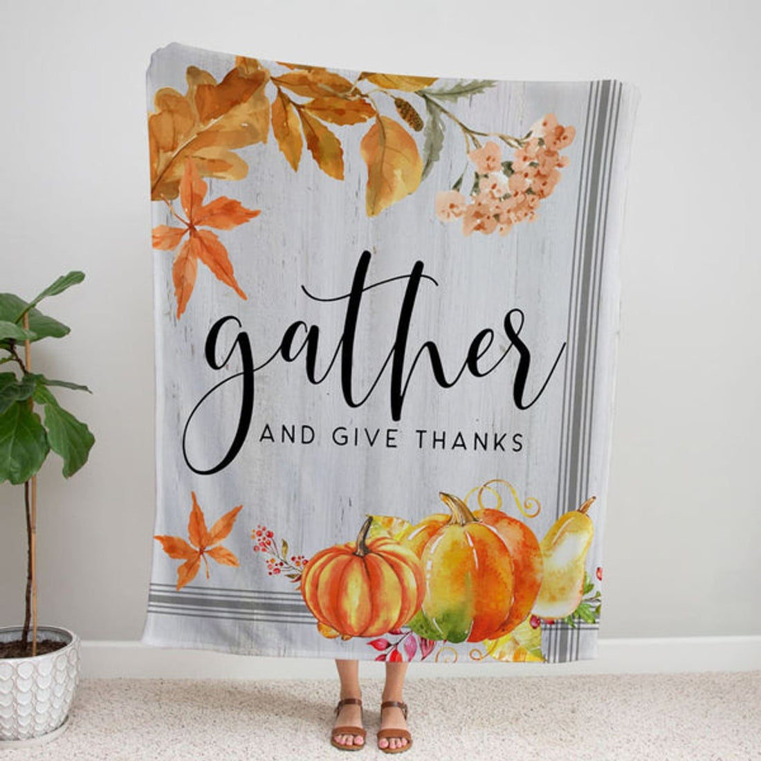 FUNSTUFFPRINT Gather And Give Thanks Fleece Blanket - Christian Blanket - Bible Verse Blanket