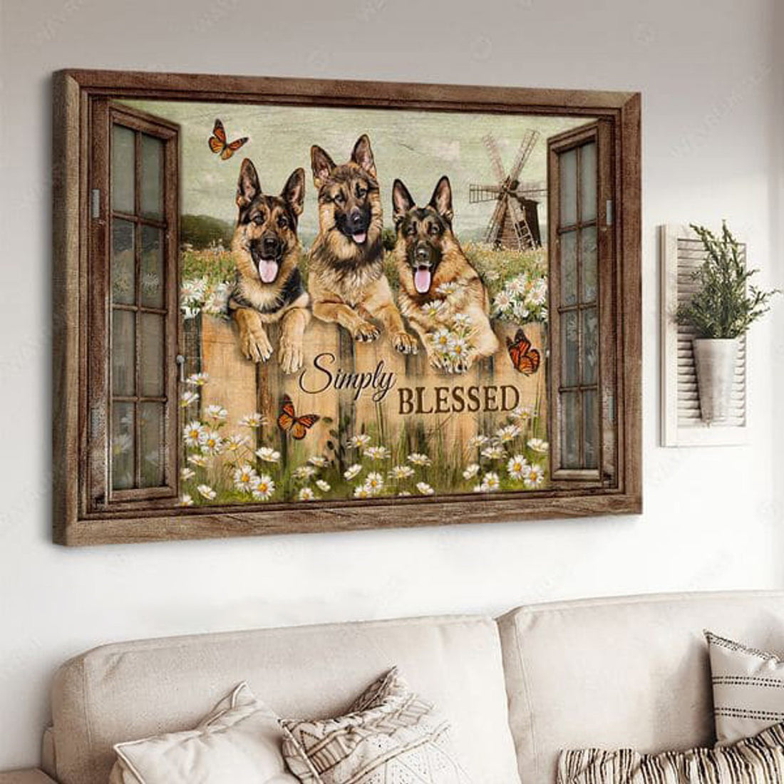 German Shepherd, Dog Lover, Butterfly Flower, Simply Blessed, Window Decor Poster and Canvas