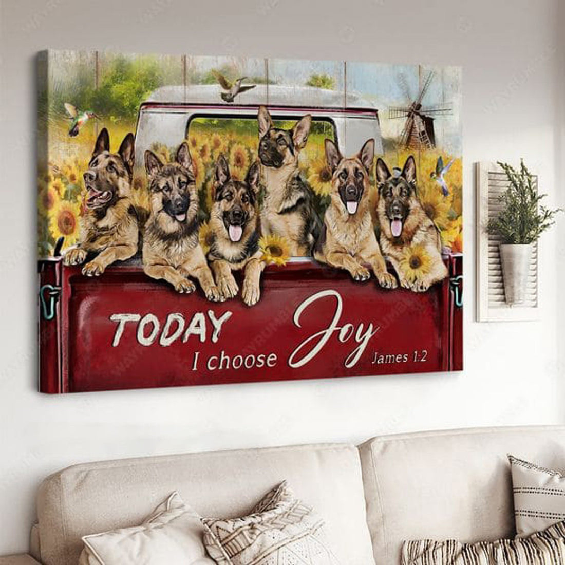 German Shepherd, Dog Lover, Today I Choose Joy, Hummingbird Sunflower Poster and Canvas