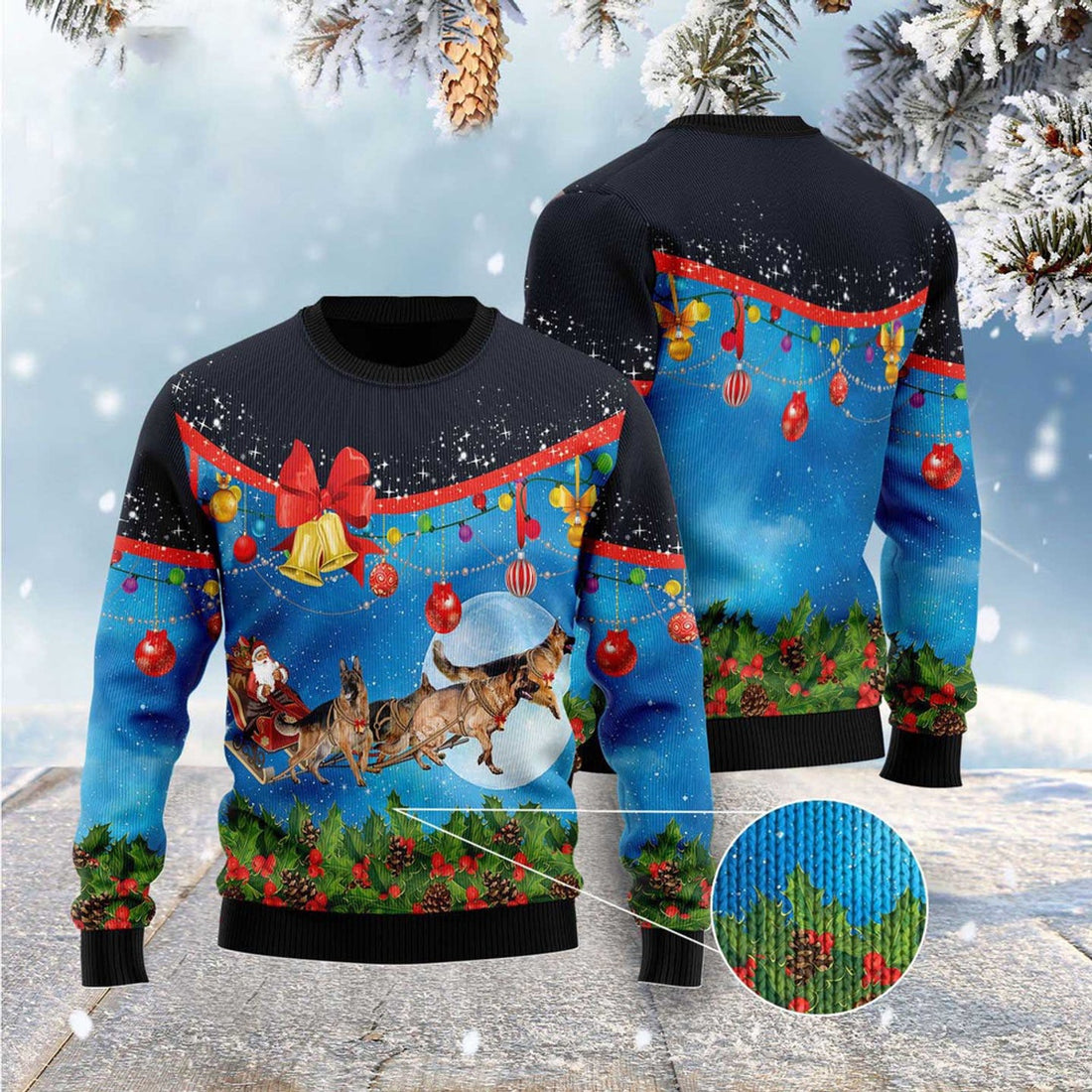 FUNSTUFFPRINT German Shepherd Sleigh Ugly Christmas Sweater, Christmas Sweater, Ugly Sweater, Funny Xmas Sweaters Ugly Sweater