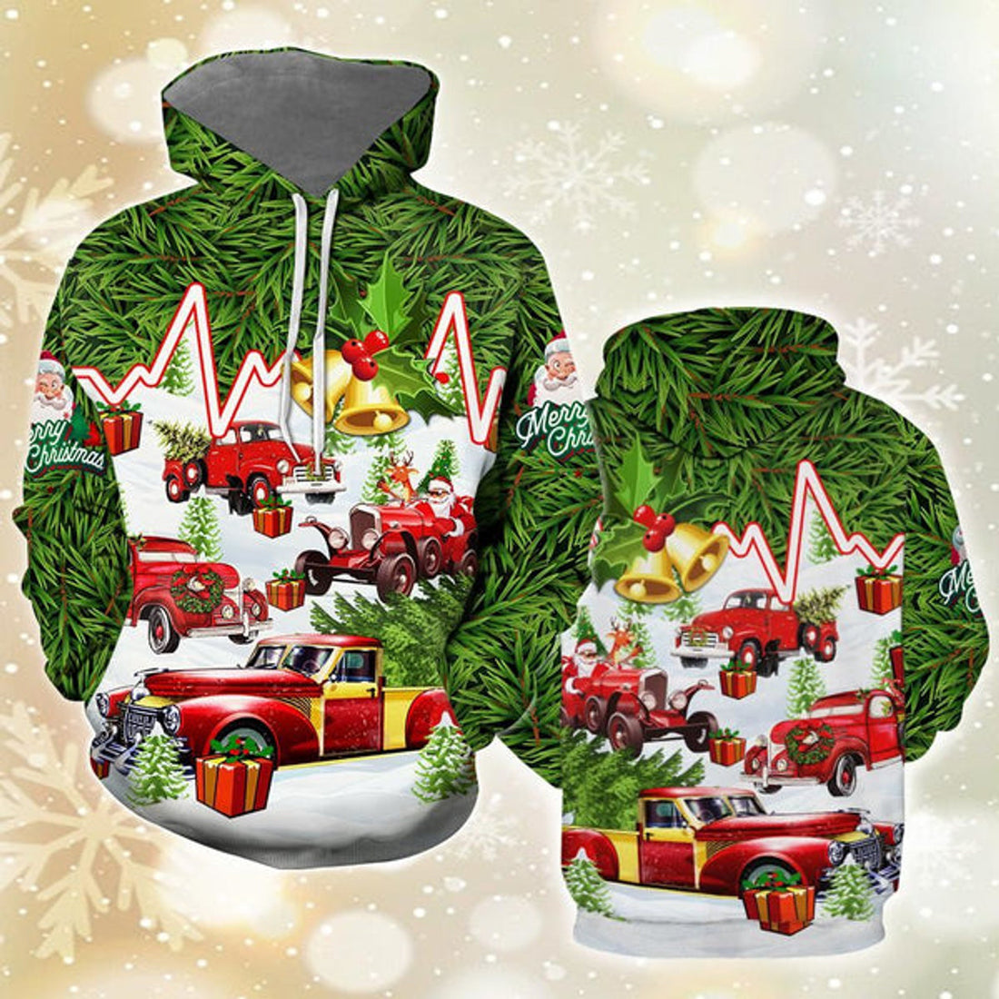 FUNSTUFFPRINT 3D Get A Tree With Santa On Christmas All Over 3D Hoodie and Zip Hoodie