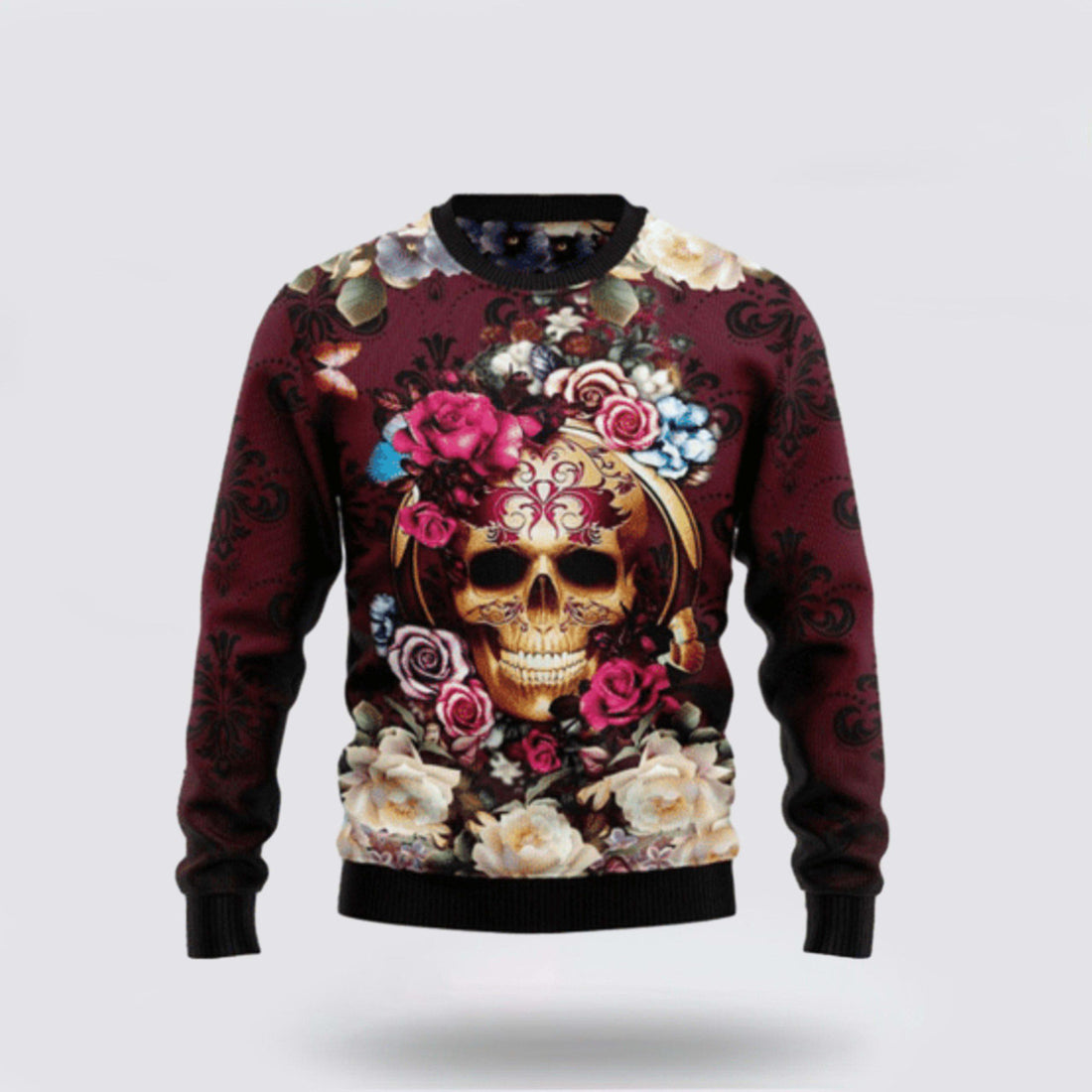 FUNSTUFFPRINT Get Festive With Skull Flower Christmas Ugly Sweater - Christmas Gifts For Frends Ugly Sweater
