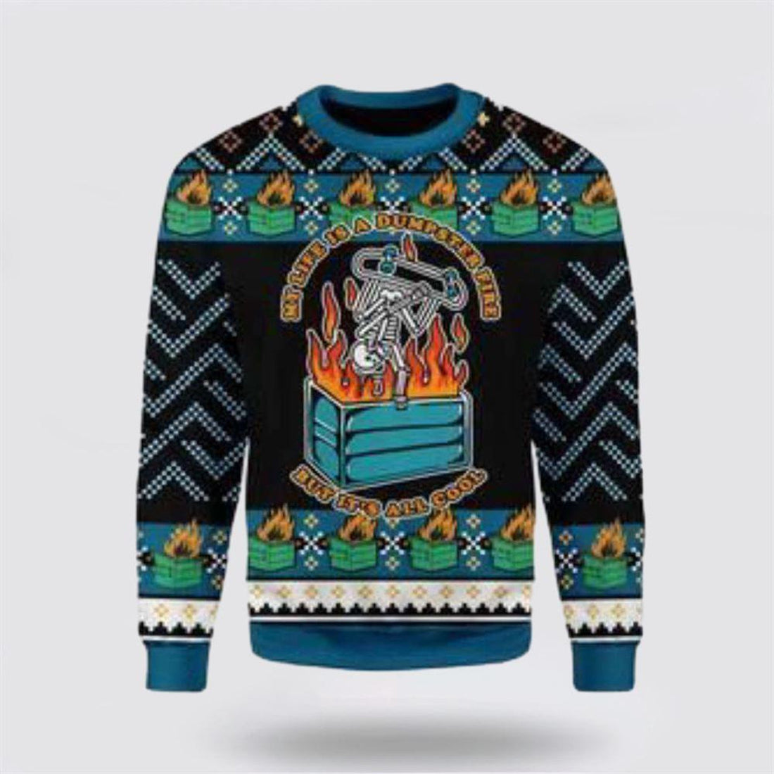 FUNSTUFFPRINT Get Festive With The 3D My Life Is A Dumpster Fire Ugly Christmas Sweater – Christmas Gifts For Firefighters Ugly  Sweater