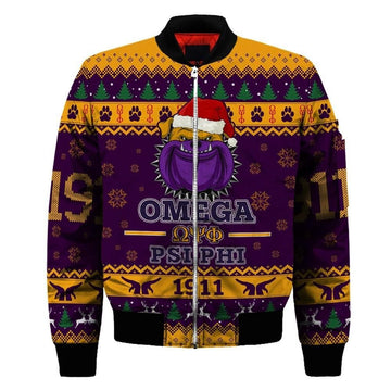 FUNSTUFFPRINT Getteestore Jacket - Omega Psi Phi Bulldog Christmas Sleeve Zip 3D Bomber Jacket