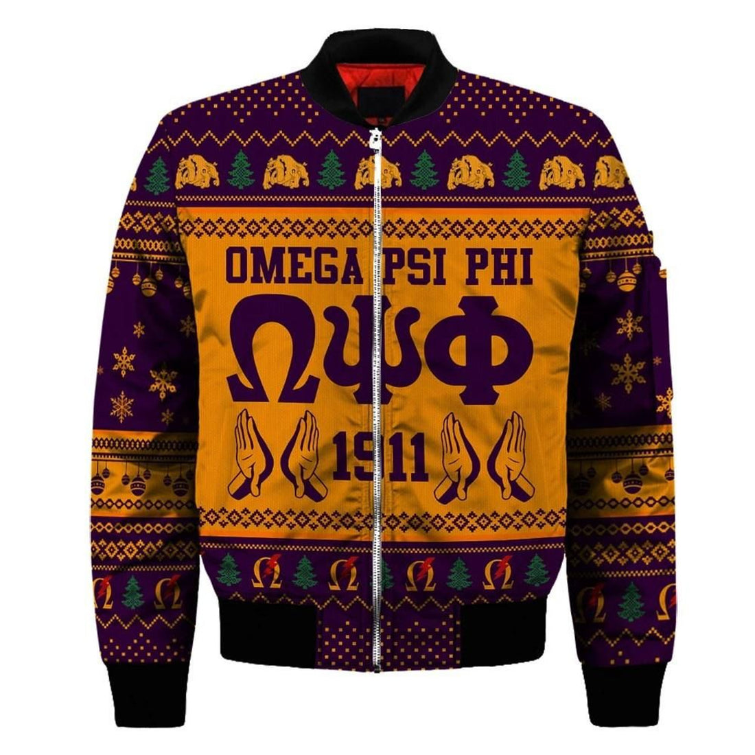 FUNSTUFFPRINT Getteestore Jacket - Omega Psi Phi Handsign Christmas Sleeve Zip 3D Bomber Jacket