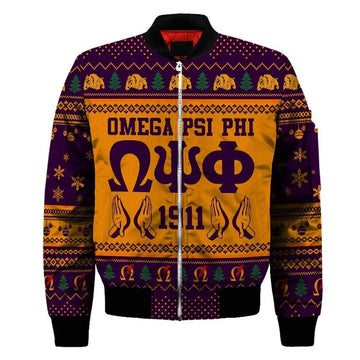 FUNSTUFFPRINT Getteestore Jacket - Omega Psi Phi Handsign Christmas Sleeve Zip 3D Bomber Jacket