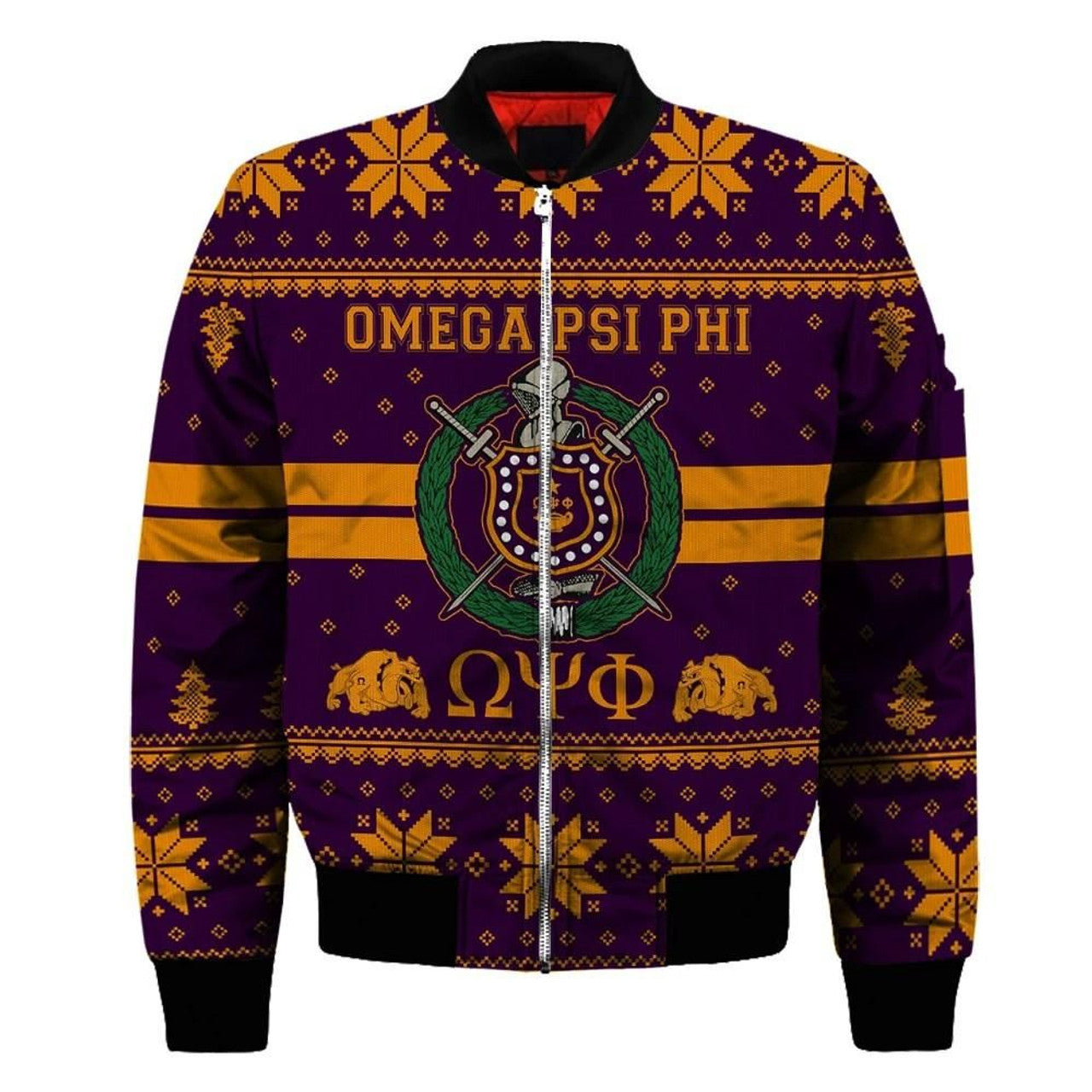 FUNSTUFFPRINT Getteestore Jacket - Omega Psi Phi Shield Christmas Sleeve Zip 3D Bomber Jacket