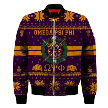 FUNSTUFFPRINT Getteestore Jacket - Omega Psi Phi Shield Christmas Sleeve Zip 3D Bomber Jacket