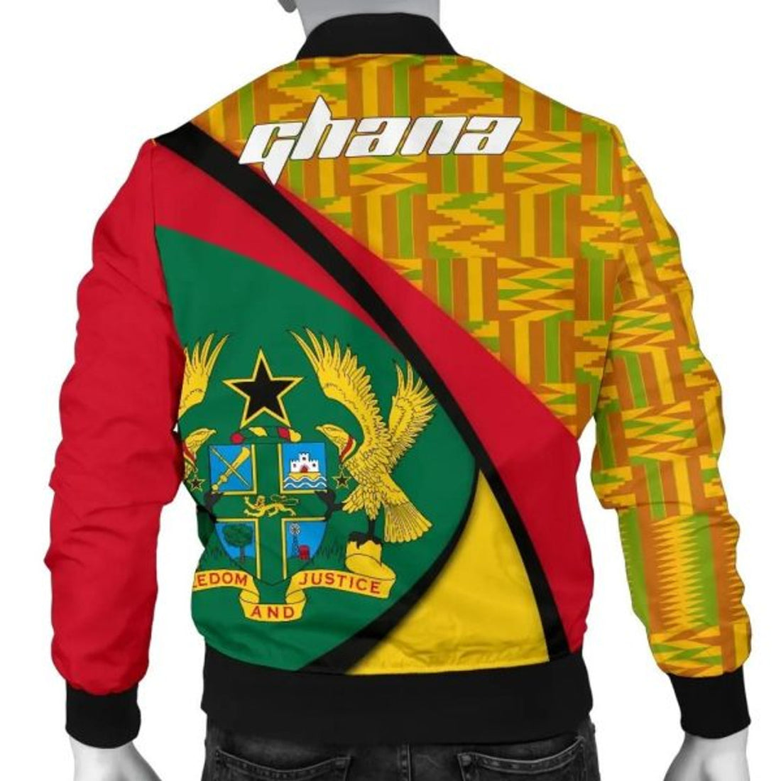 FUNSTUFFPRINT Ghana Bomber Jacket, Ghana Coat Of Arms Pattern Men Bomber Jacket
