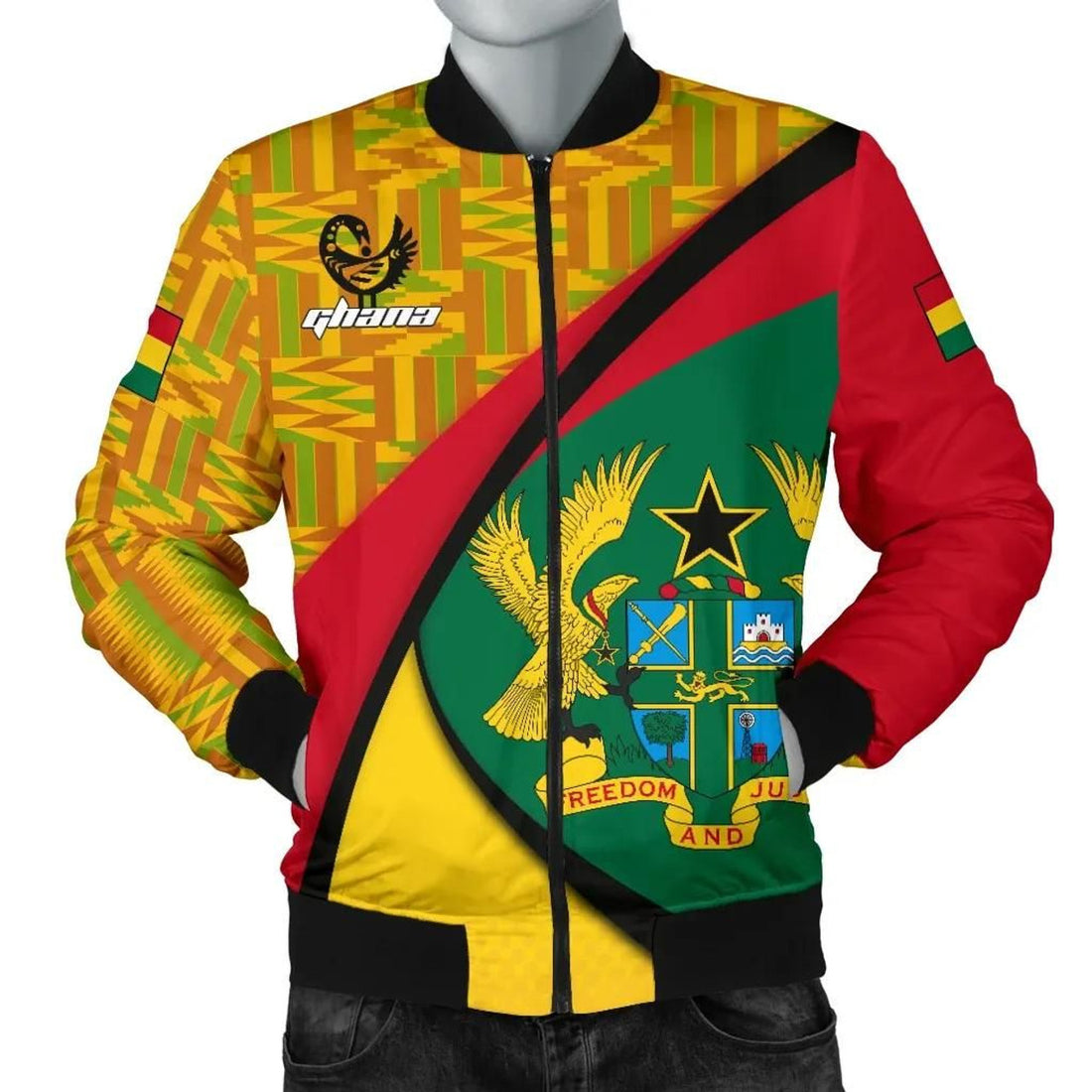 FUNSTUFFPRINT Ghana Bomber Jacket, Ghana Coat Of Arms Pattern Men 3D Bomber Jacket