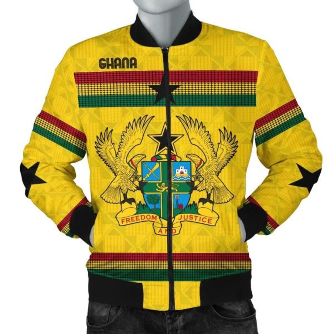 FUNSTUFFPRINT Ghana Bomber Jacket Kente Round Pattern Coat Of Arms Men Bomber Jacket