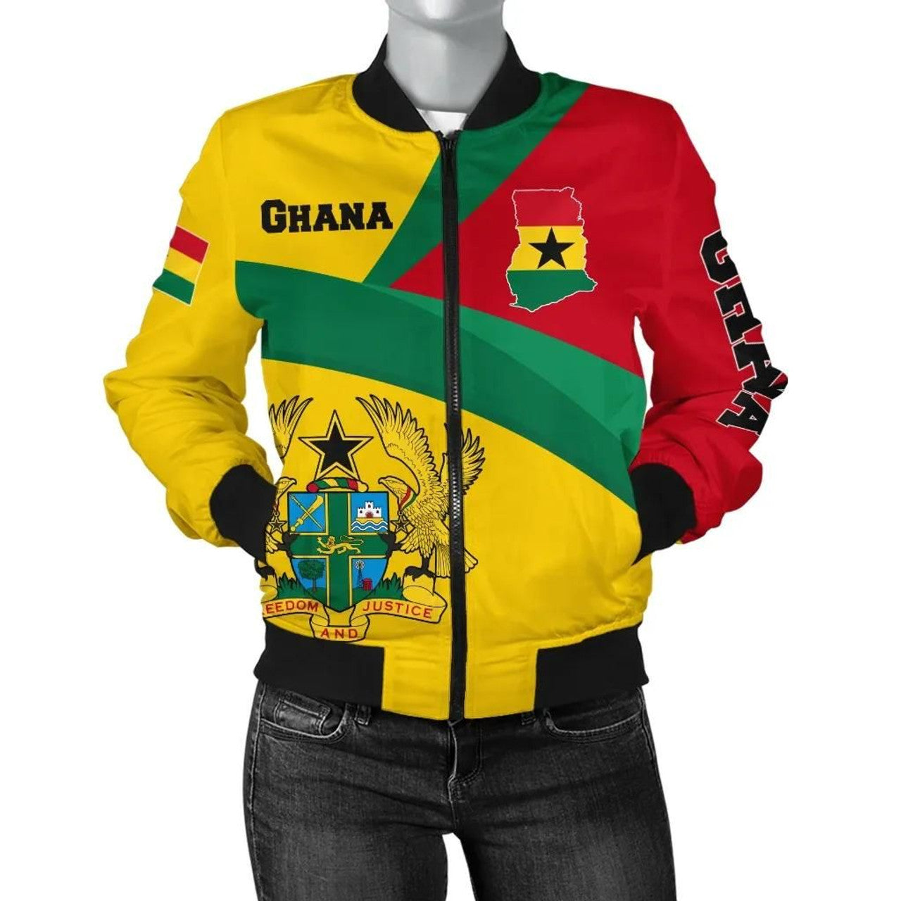 FUNSTUFFPRINT Ghana Bomber Jackets, Ghana Flag Maps Women Yellow 3D Bomber Jacket