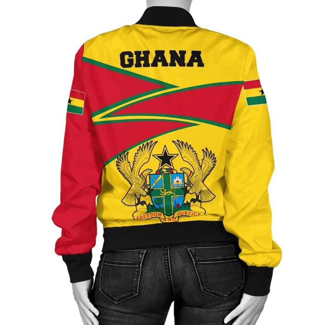 FUNSTUFFPRINT Ghana Bomber Jackets, Ghana Strong Coat of Arms Red Women 3D Bomber Jacket