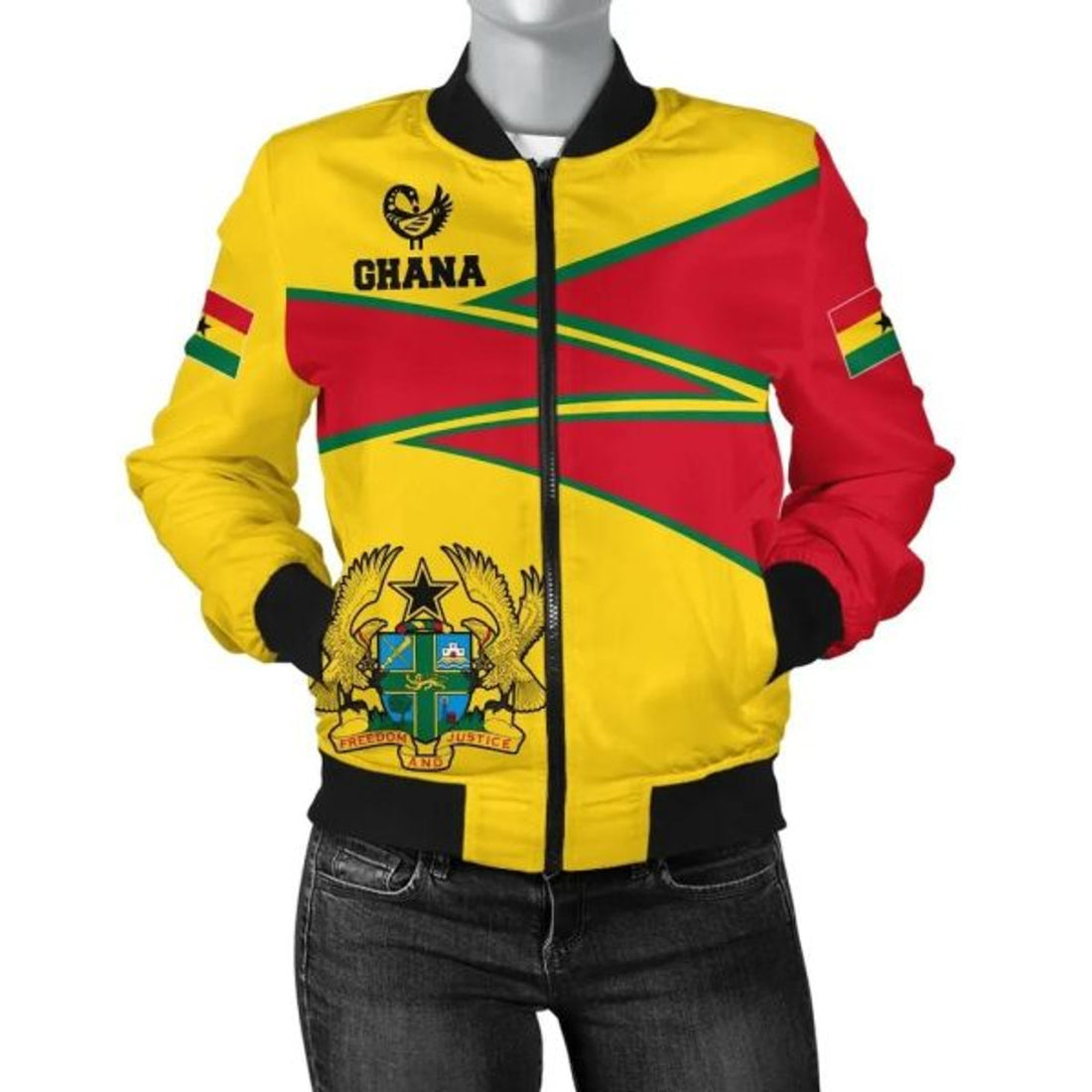 FUNSTUFFPRINT Ghana Bomber Jackets, Ghana Strong Coat of Arms Red Women Bomber Jacket