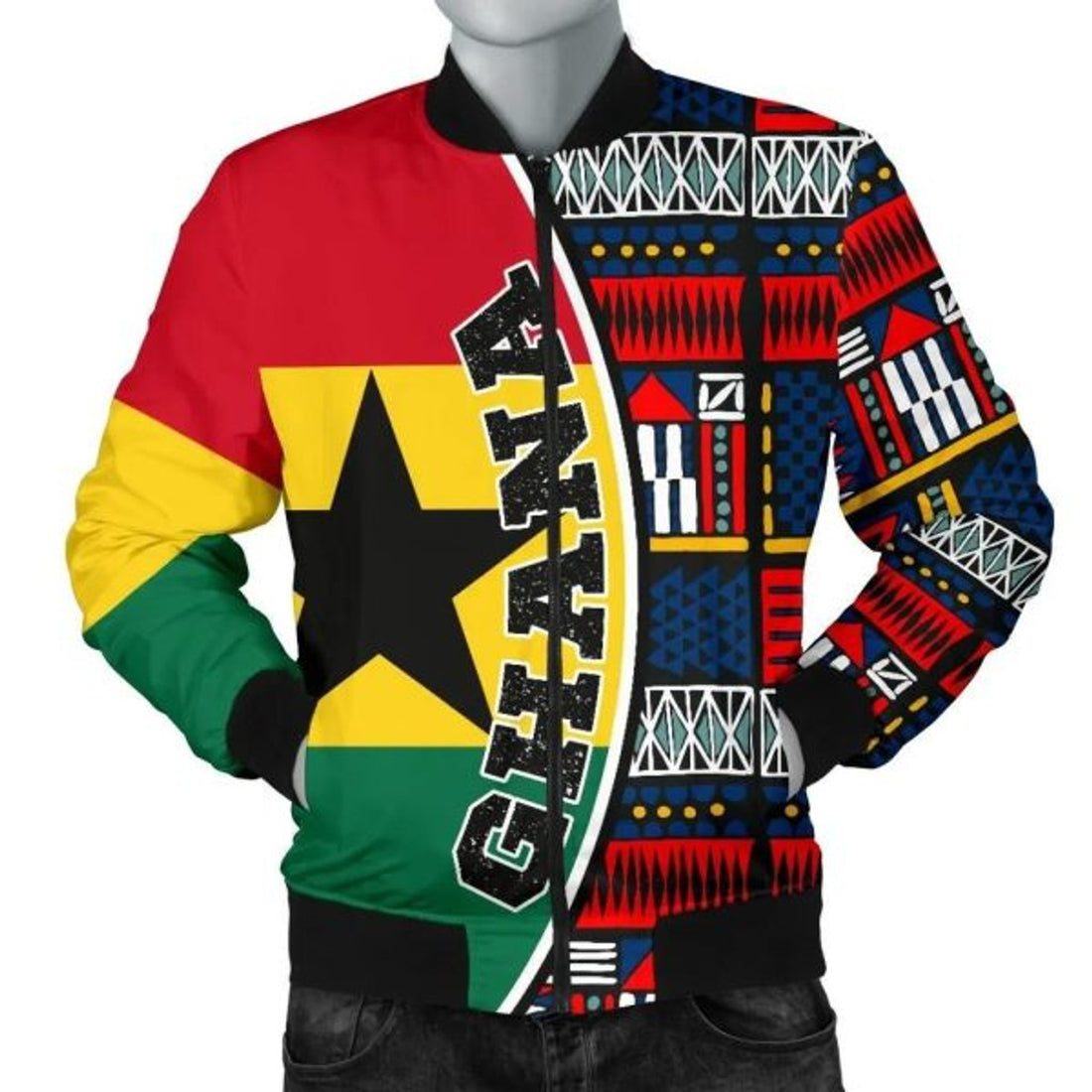 FUNSTUFFPRINT Ghana Men's Bomber Jacket - Flag & Kente Pattern Special Bomber Jacket