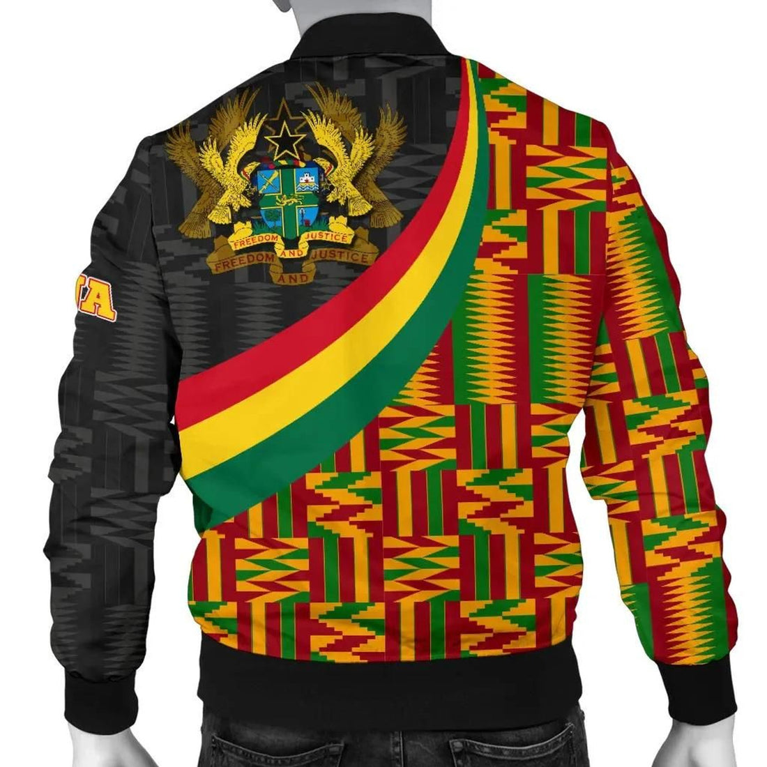 FUNSTUFFPRINT Ghana Men's Bomber Jacket - Ghana Coat Of Arms and Kente Patterns - 3D Bomber Jacket