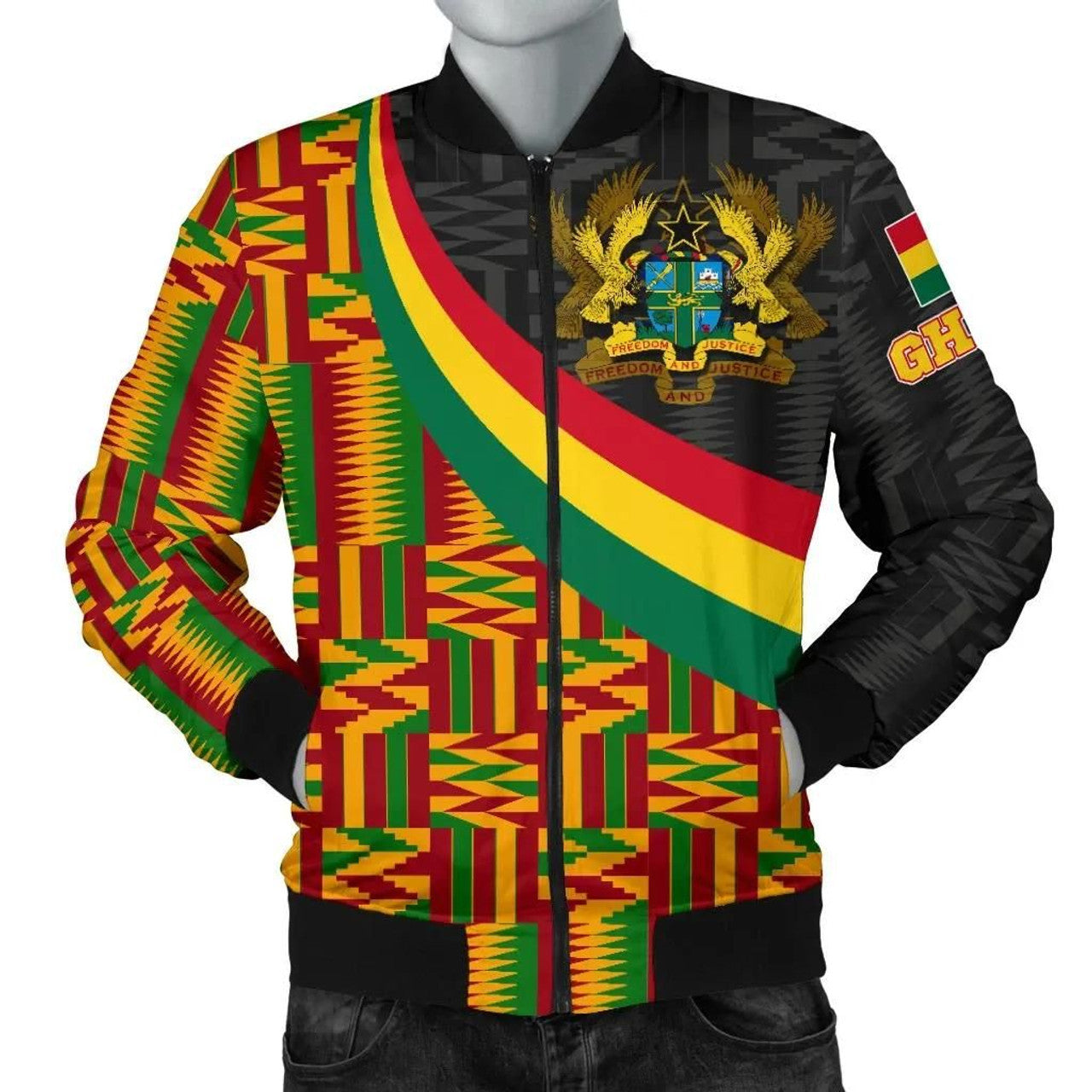 FUNSTUFFPRINT Ghana Men's Bomber Jacket - Ghana Coat Of Arms and Kente Patterns - 3D Bomber Jacket