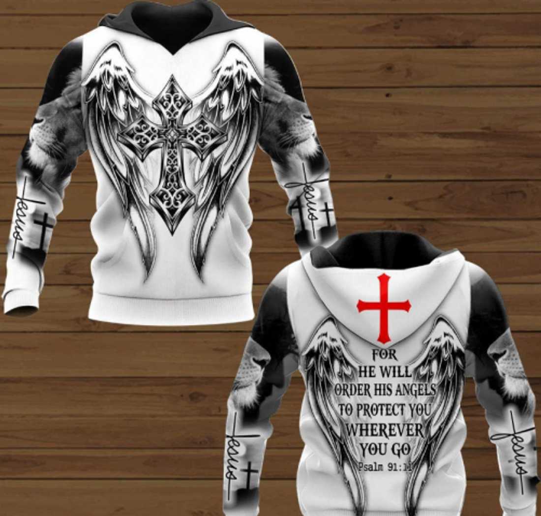 FUNSTUFFPRINT Christian 3D Hoodie Jesus For He Will Order His Angels To Protect You Angel Cross 3D Hoodie and Zip Hoodie