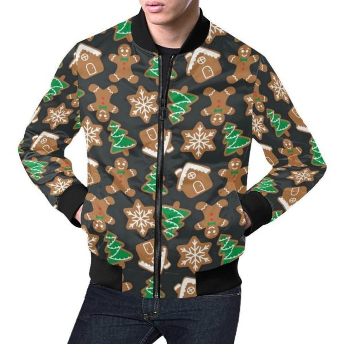 FUNSTUFFPRINT Gingerbread Man Pattern Print Chirstmas Men's 3D Bomber Jacket